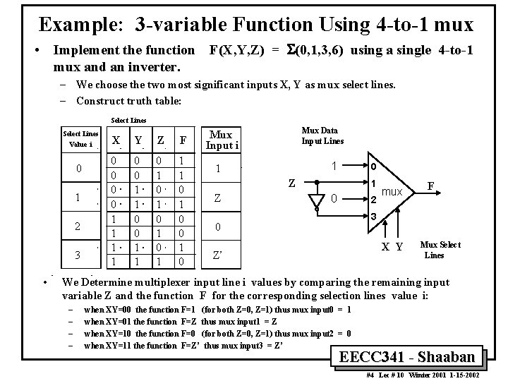 Example: 3 -variable Function Using 4 -to-1 mux • Implement the function F(X, Y, Example: 3 -variable Function Using 4 -to-1 mux • Implement the function F(X, Y,