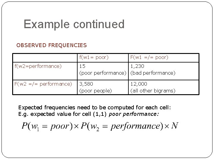 Example continued OBSERVED FREQUENCIES f(w 1= poor) F(w 1 =/= poor) f(w 2=performance) 15