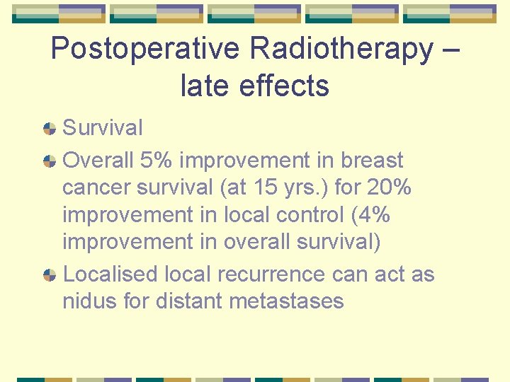 Postoperative Radiotherapy – late effects Survival Overall 5% improvement in breast cancer survival (at