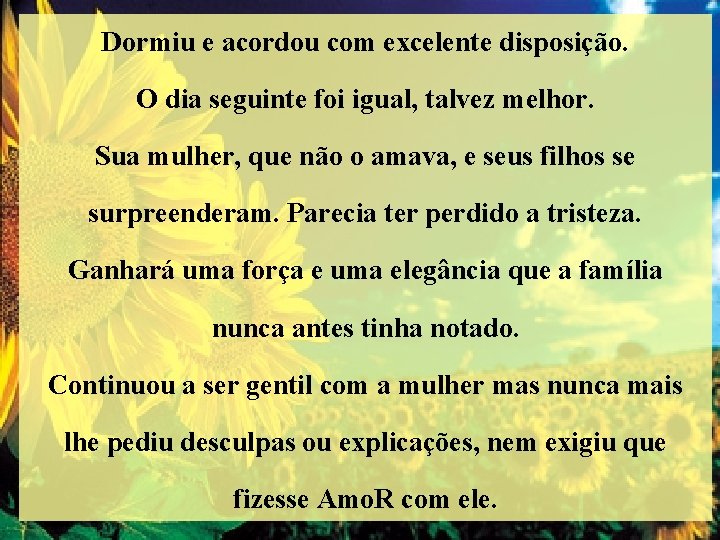 Dormiu e acordou com excelente disposição. O dia seguinte foi igual, talvez melhor. Sua