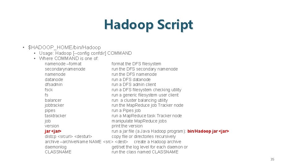 Hadoop Script • $HADOOP_HOME/bin/Hadoop • Usage: Hadoop [--config confdir] COMMAND • Where COMMAND is