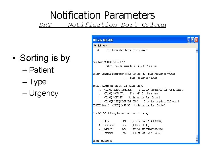 Notification Parameters SRT Notification Sort Column • Sorting is by – Patient – Type