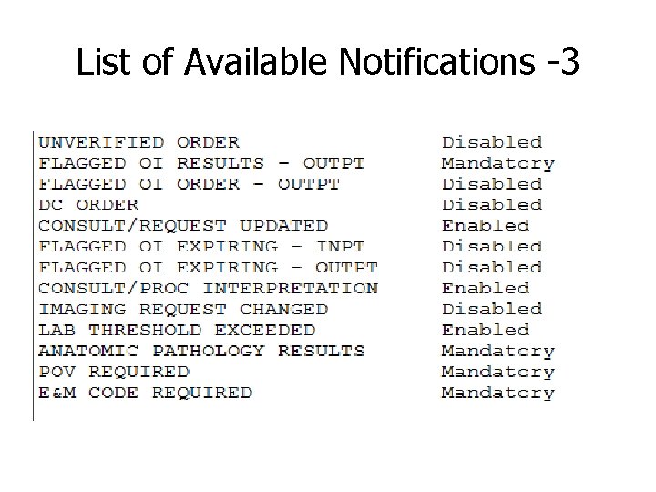 List of Available Notifications -3 