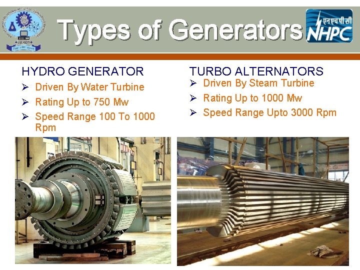 Types of Generators HYDRO GENERATOR Ø Driven By Water Turbine Ø Rating Up to