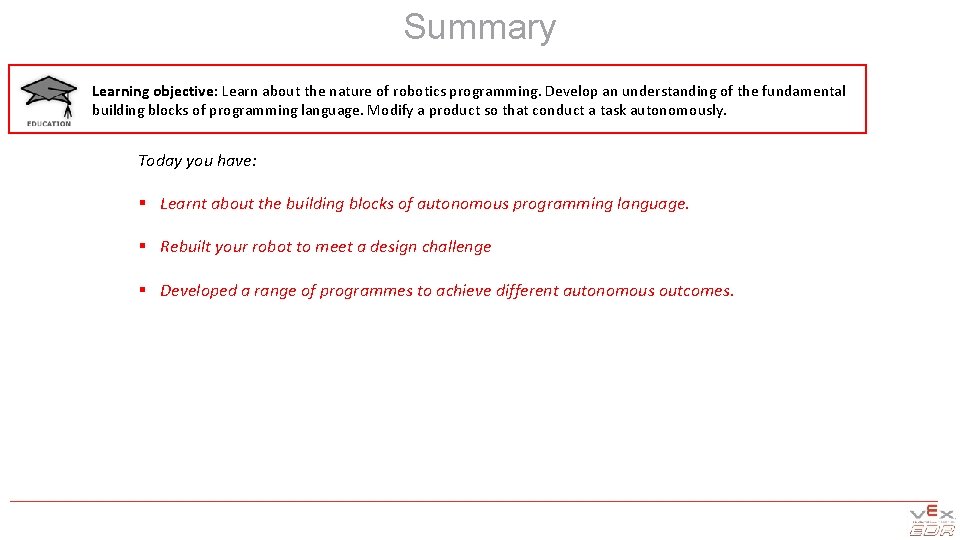 Summary Learning objective: Learn about the nature of robotics programming. Develop an understanding of