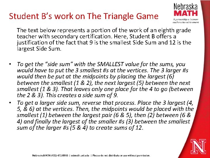 Student B’s work on The Triangle Game The text below represents a portion of