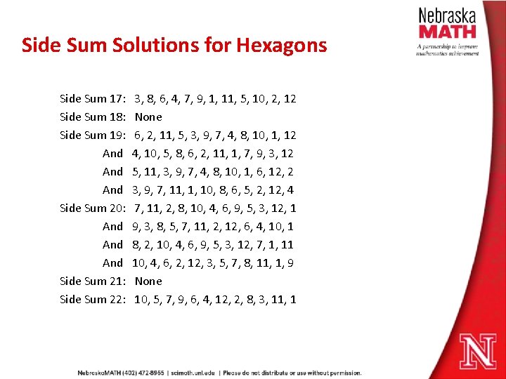 Side Sum Solutions for Hexagons Side Sum 17: Side Sum 18: Side Sum 19: