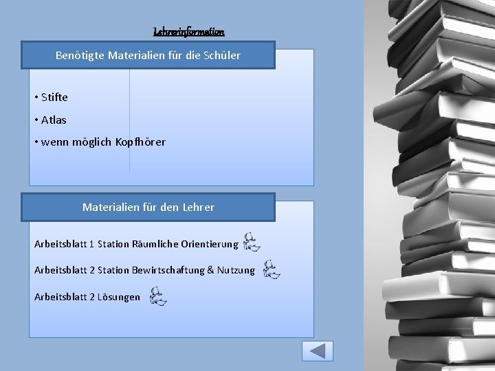 Lehrerinformation Benötigte Materialien für die Schüler • Stifte • Atlas • wenn möglich Kopfhörer