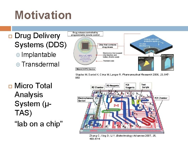 Motivation Drug Delivery Systems (DDS) Implantable Transdermal Staples M; Daniel K; Cima M; Langer