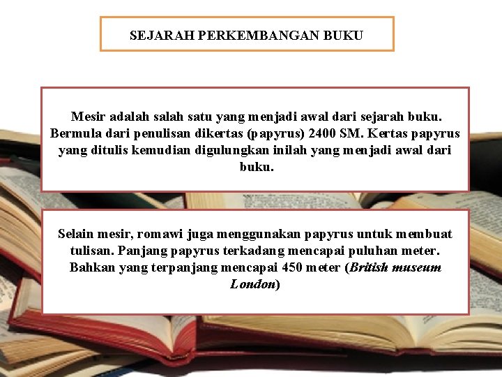 SEJARAH PERKEMBANGAN BUKU Mesir adalah satu yang menjadi awal dari sejarah buku. Bermula dari