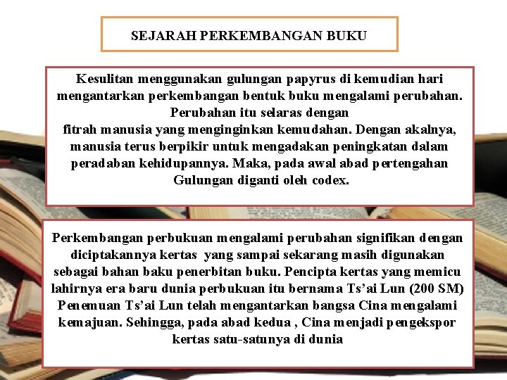 SEJARAH PERKEMBANGAN BUKU Kesulitan menggunakan gulungan papyrus di kemudian hari mengantarkan perkembangan bentuk buku