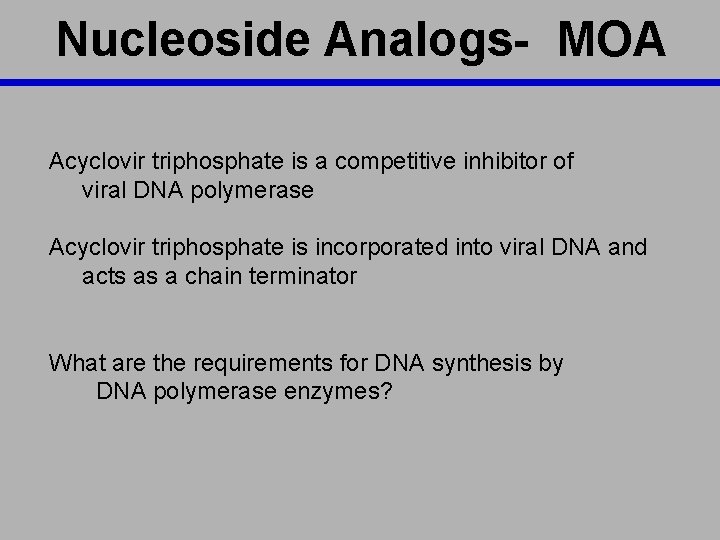 Nucleoside Analogs- MOA Acyclovir triphosphate is a competitive inhibitor of viral DNA polymerase Acyclovir