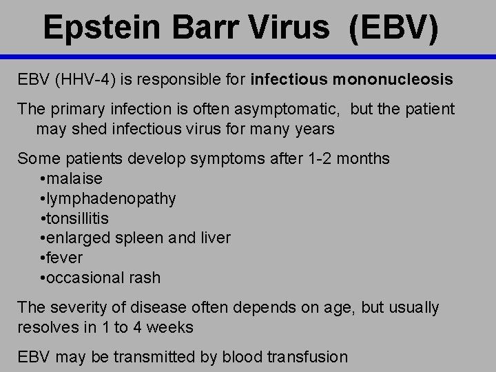 Epstein Barr Virus (EBV) EBV (HHV-4) is responsible for infectious mononucleosis The primary infection