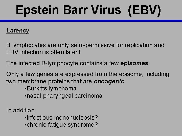 Epstein Barr Virus (EBV) Latency B lymphocytes are only semi-permissive for replication and EBV