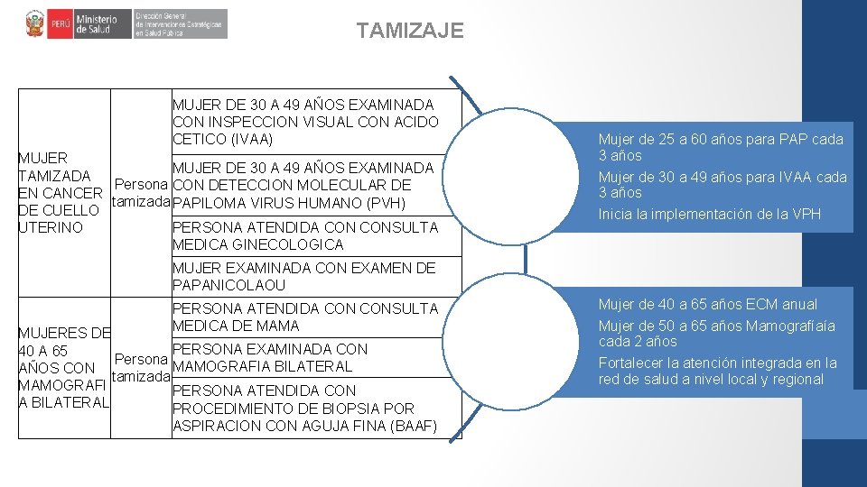 TAMIZAJE MUJER DE 30 A 49 AÑOS EXAMINADA CON INSPECCION VISUAL CON ACIDO CETICO