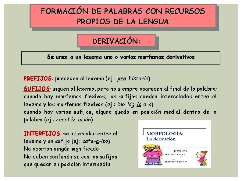 FORMACIÓN DE PALABRAS CON RECURSOS PROPIOS DE LA LENGUA DERIVACIÓN: DERIVACIÓN Se unen a