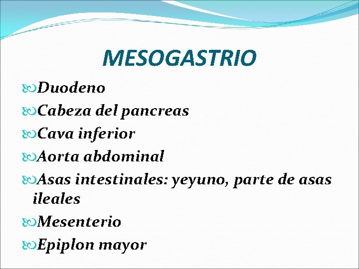 MESOGASTRIO Duodeno Cabeza del pancreas Cava inferior Aorta abdominal Asas intestinales: yeyuno, parte de