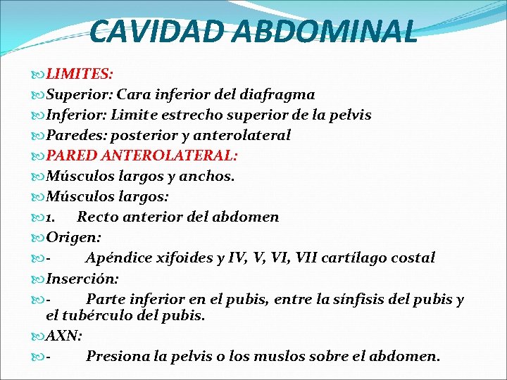CAVIDAD ABDOMINAL LIMITES: Superior: Cara inferior del diafragma Inferior: Limite estrecho superior de la