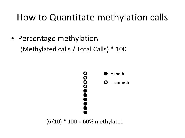 How to Quantitate methylation calls • Percentage methylation (Methylated calls / Total Calls) *