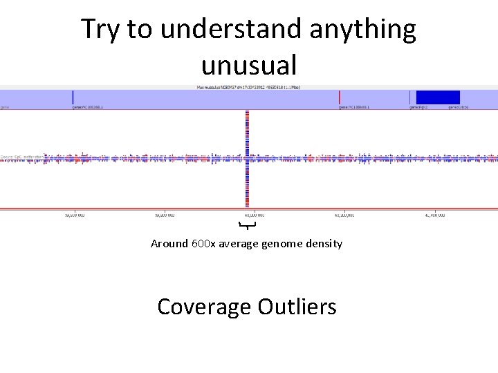 Try to understand anything unusual Around 600 x average genome density Coverage Outliers 