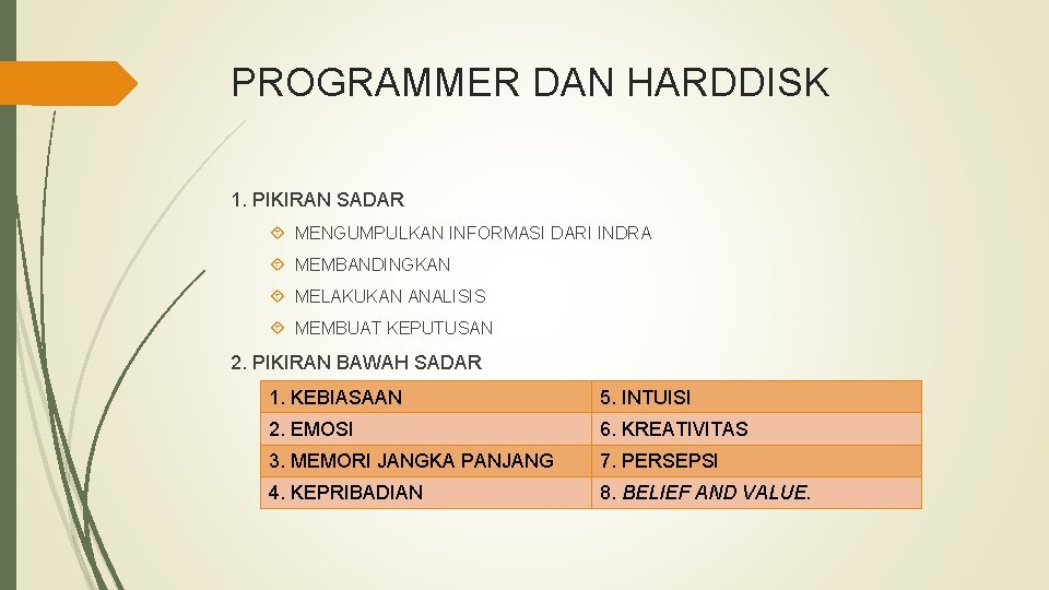 PROGRAMMER DAN HARDDISK 1. PIKIRAN SADAR MENGUMPULKAN INFORMASI DARI INDRA MEMBANDINGKAN MELAKUKAN ANALISIS MEMBUAT