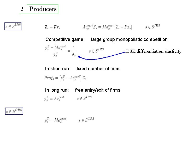 5 Competitive game: large group monopolistic competition DSK differentiation elasticity In short run: fixed