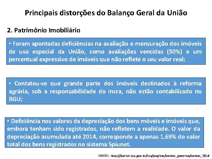 Principais distorções do Balanço Geral da União 2. Patrimônio Imobiliário • Foram apontadas deficiências