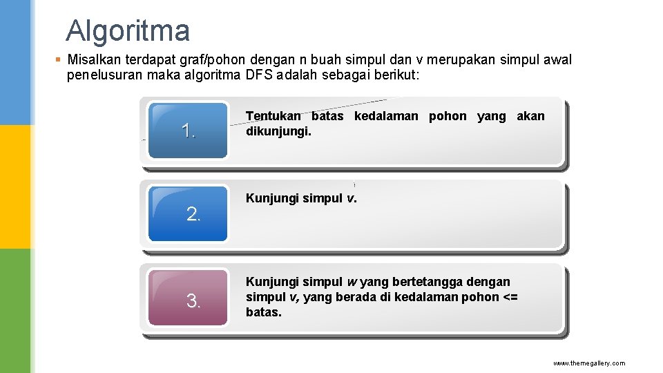 Algoritma § Misalkan terdapat graf/pohon dengan n buah simpul dan v merupakan simpul awal Algoritma § Misalkan terdapat graf/pohon dengan n buah simpul dan v merupakan simpul awal