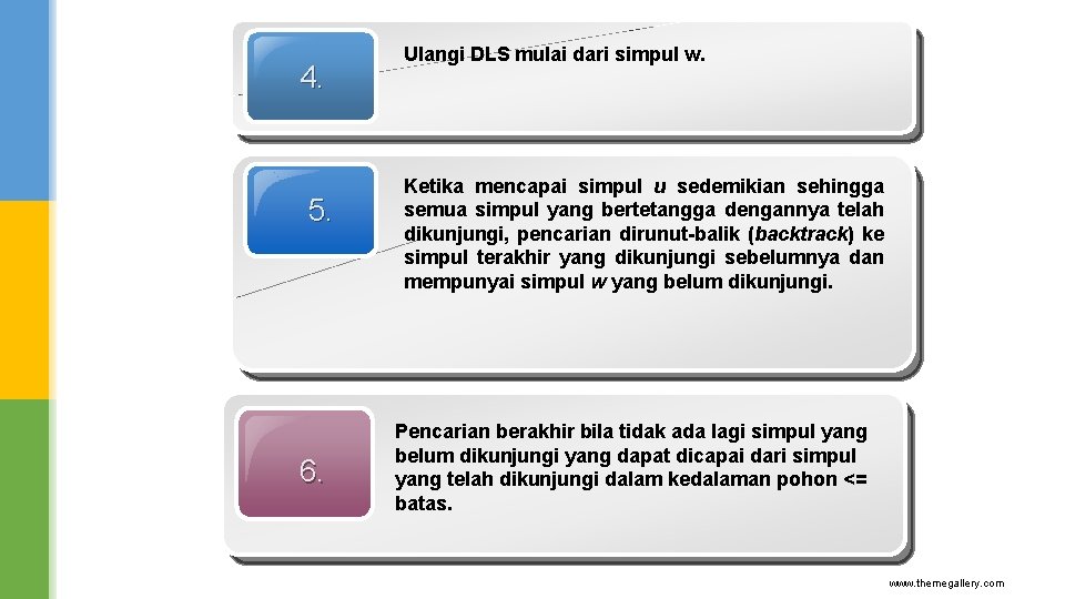 4. 5. 6. Ulangi DLS mulai dari simpul w. Ketika mencapai simpul u sedemikian 4. 5. 6. Ulangi DLS mulai dari simpul w. Ketika mencapai simpul u sedemikian
