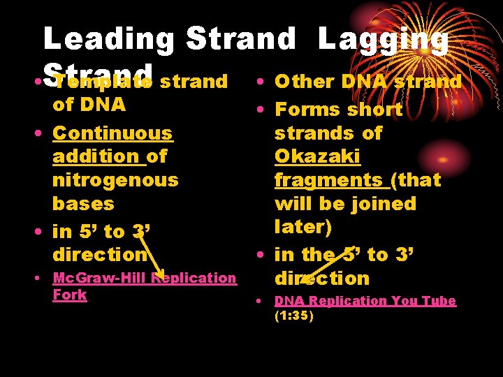 Leading Strand Lagging • Strand Template strand • Other DNA strand of DNA •