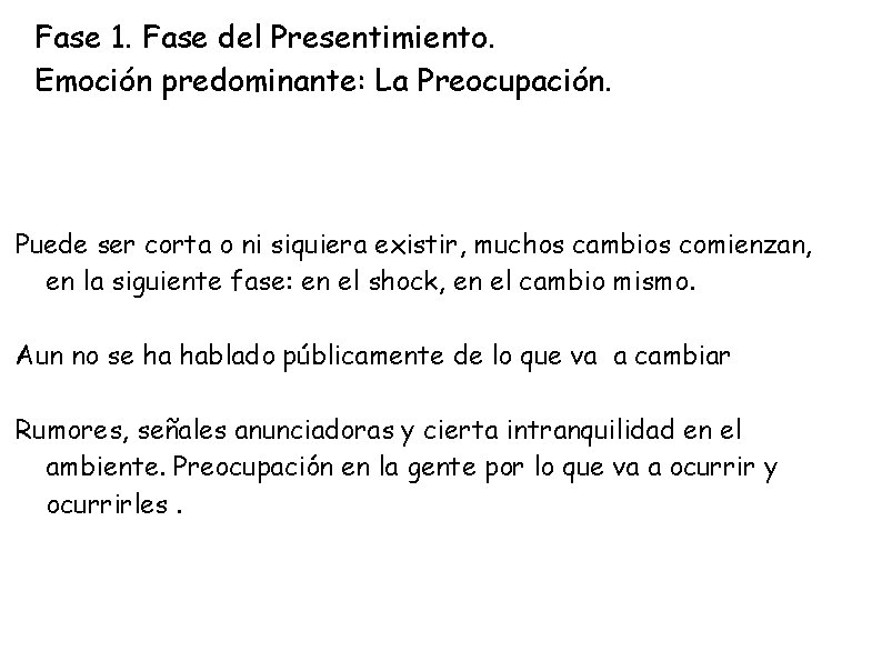 Fase 1. Fase del Presentimiento. Emoción predominante: La Preocupación. Puede ser corta o ni