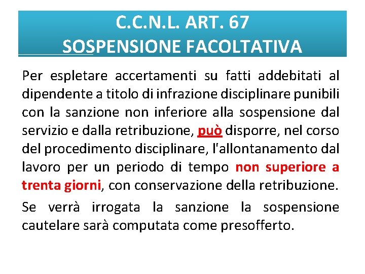 C. C. N. L. ART. 67 SOSPENSIONE FACOLTATIVA Per espletare accertamenti su fatti addebitati