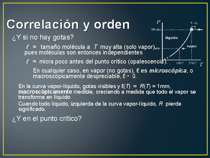 Correlación y orden ¿Y si no hay gotas? ℓ ≈ tamaño molécula a T