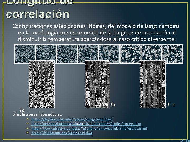 Longitud de correlación Configuraciones estacionarias (típicas) del modelo de Ising: cambios en la morfología