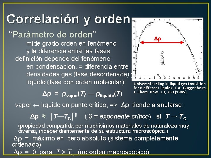 Correlación y orden “Parámetro de orden” Δρ mide grado orden en fenómeno y la