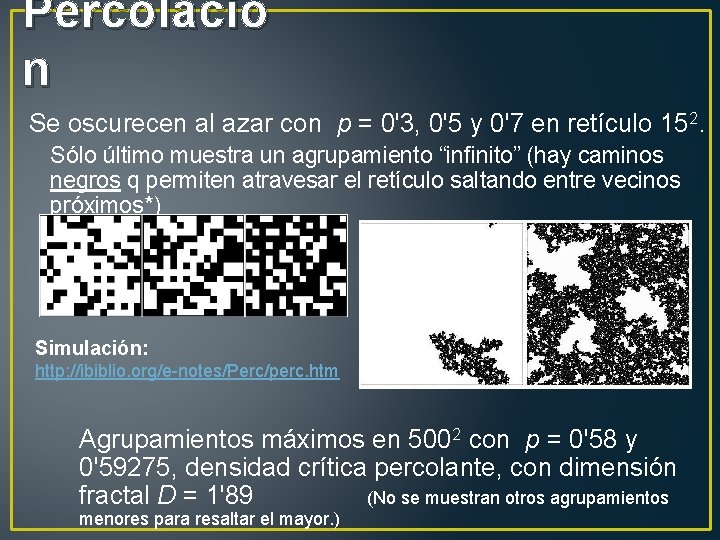 Percolació n Se oscurecen al azar con p = 0'3, 0'5 y 0'7 en