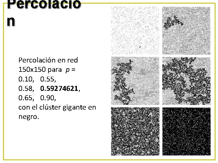 Percolació n Percolación en red 150 x 150 para p = 0. 10, 0.