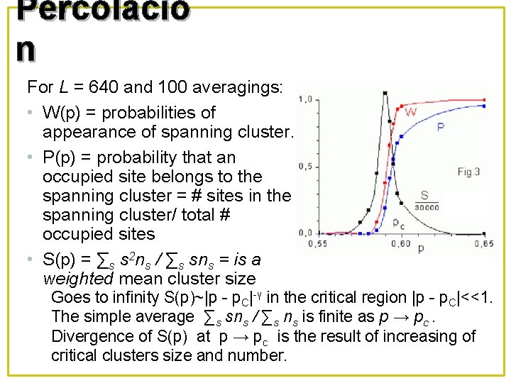 Percolació n For L = 640 and 100 averagings: • W(p) = probabilities of