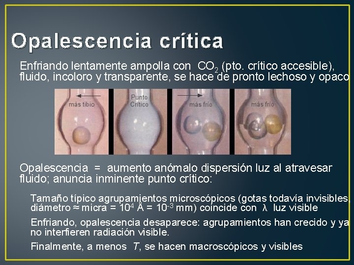 Opalescencia crítica Enfriando lentamente ampolla con CO 2 (pto. crítico accesible), fluido, incoloro y