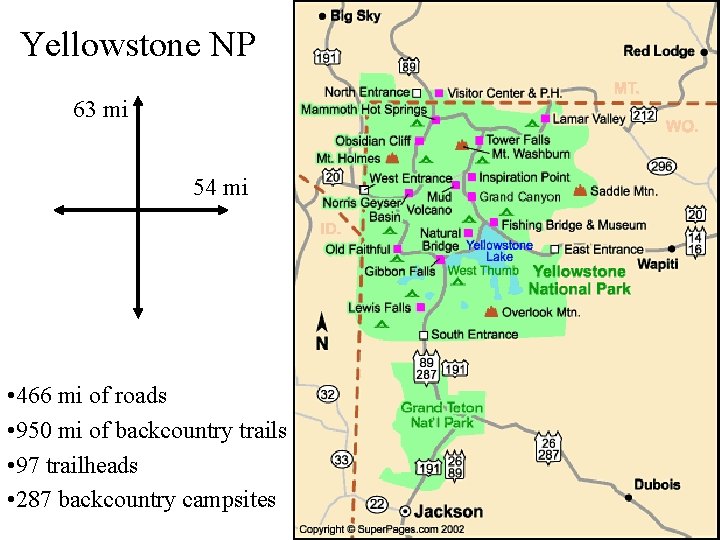 Yellowstone NP 63 mi 54 mi • 466 mi of roads • 950 mi