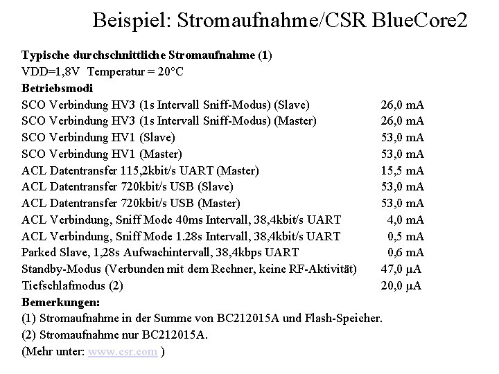 Beispiel: Stromaufnahme/CSR Blue. Core 2 Typische durchschnittliche Stromaufnahme (1) VDD=1, 8 V Temperatur =