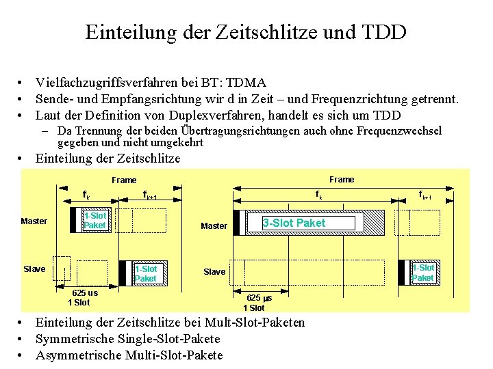 Einteilung der Zeitschlitze und TDD • Vielfachzugriffsverfahren bei BT: TDMA • Sende- und Empfangsrichtung