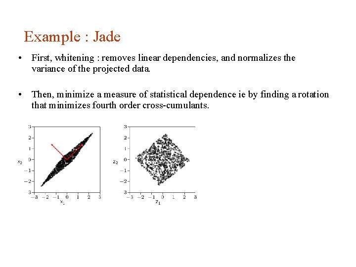 Example : Jade • First, whitening : removes linear dependencies, and normalizes the variance