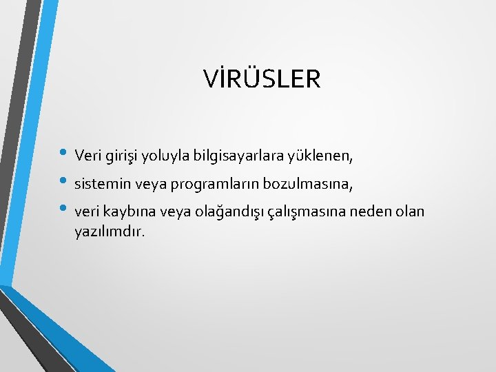 VİRÜSLER • Veri girişi yoluyla bilgisayarlara yüklenen, • sistemin veya programların bozulmasına, • veri
