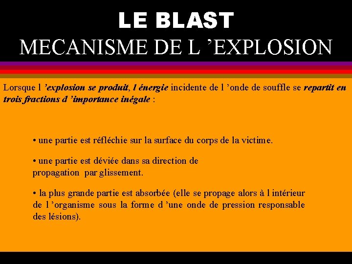 LE BLAST MECANISME DE L ’EXPLOSION Lorsque l ’explosion se produit, l énergie incidente