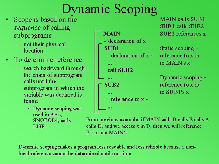 Dynamic Scoping • Scope is based on the sequence of calling subprograms – not