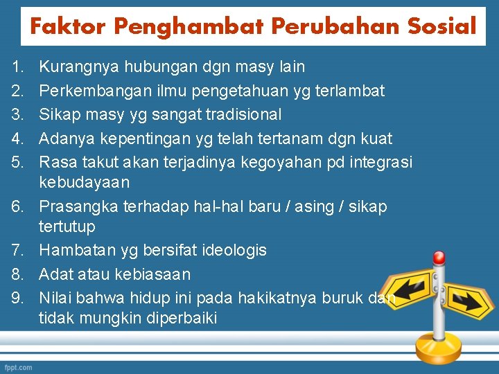 Faktor Penghambat Perubahan Sosial 1. 2. 3. 4. 5. 6. 7. 8. 9. Kurangnya