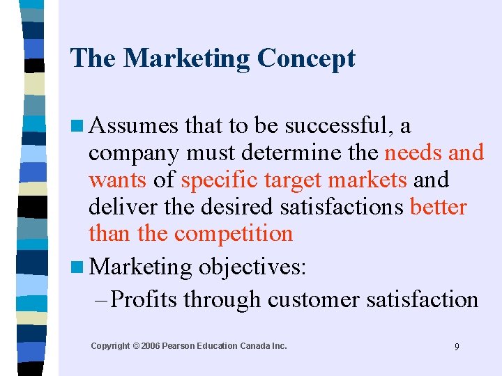 The Marketing Concept n Assumes that to be successful, a company must determine the