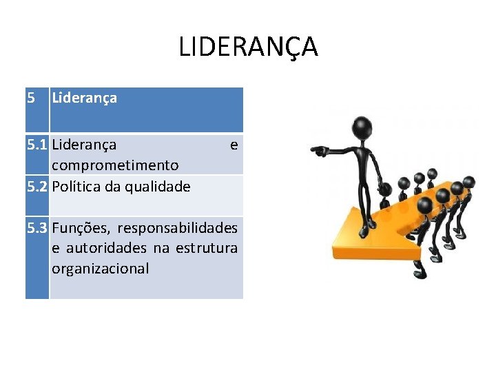 LIDERANÇA 5 Liderança 5. 1 Liderança comprometimento 5. 2 Política da qualidade e 5.