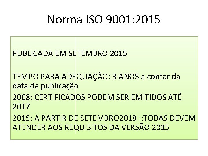 Norma ISO 9001: 2015 PUBLICADA EM SETEMBRO 2015 TEMPO PARA ADEQUAÇÃO: 3 ANOS a